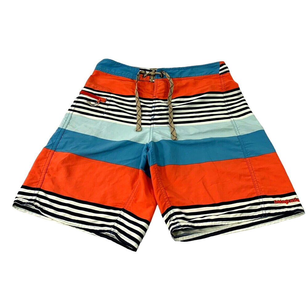 Patagonia Mens Swim Shorts Sz 30 Striped Trunks Coral Blue White Black Beachwear